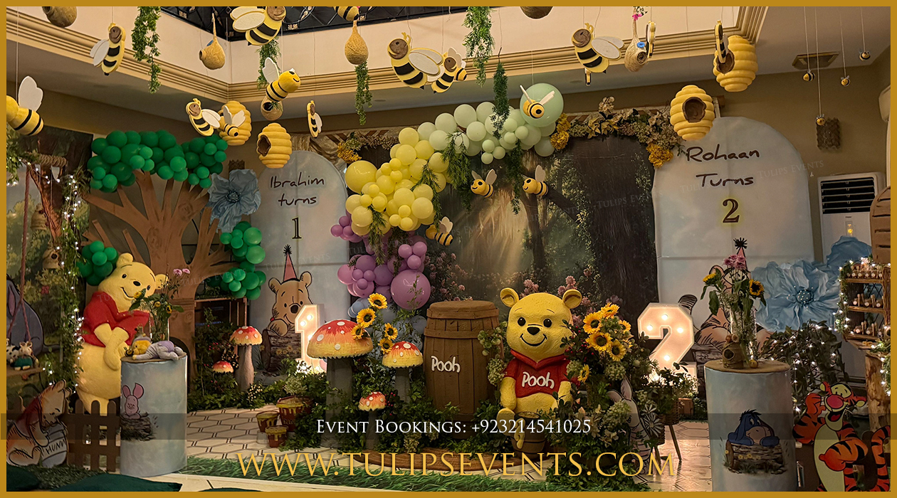 Winnie the Pooh birthday decoration setup in Lahore Pakistan
