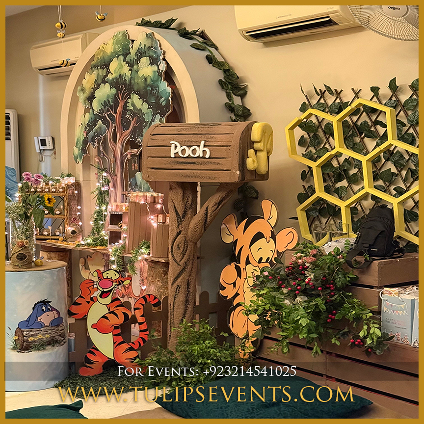 Winnie the Pooh birthday decoration setup in Lahore Pakistan