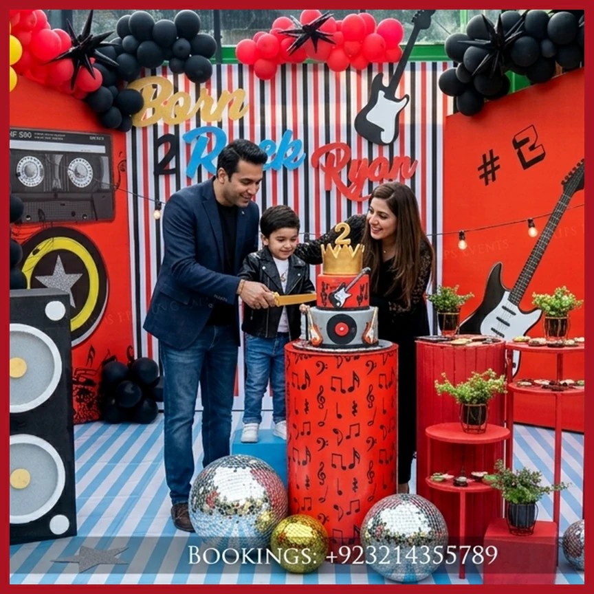 Black and gold Rock Star balloon decoration in Jhelum